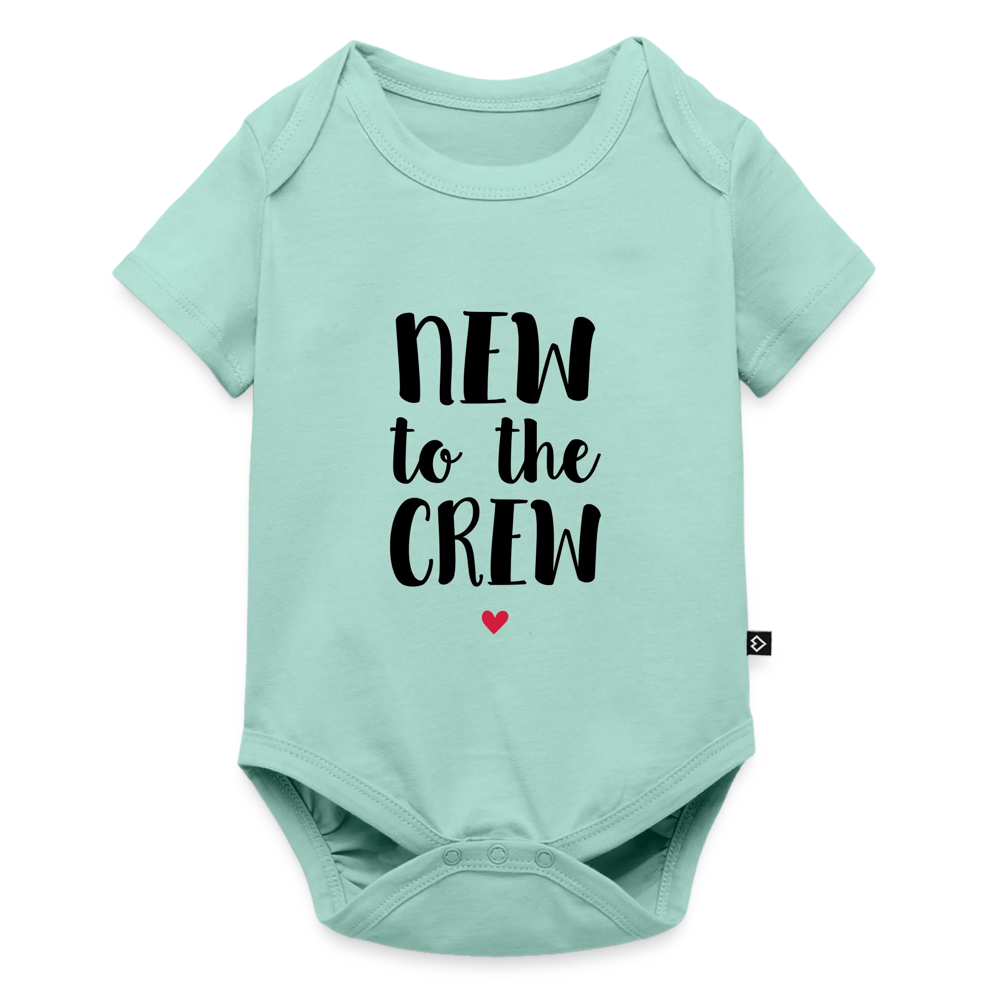 Mintgrüner Babybody mit dem Aufdruck New to the Crew und einem roten Herz
