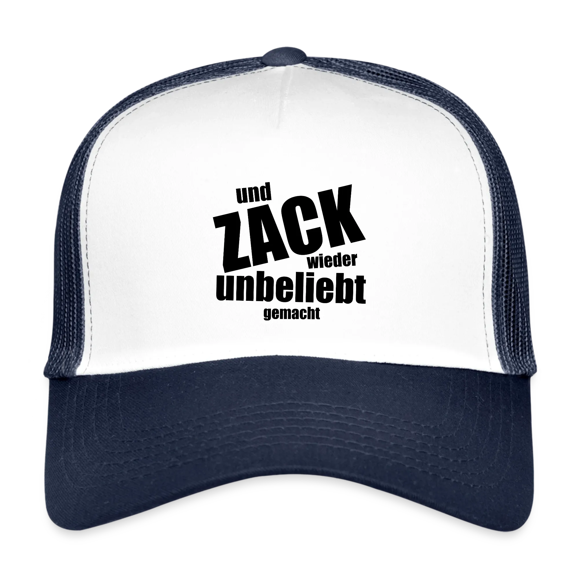 Trucker-Cap mit weißem Front-Panel, dunkelblauem Schirm und einem Spruch-Aufdruck