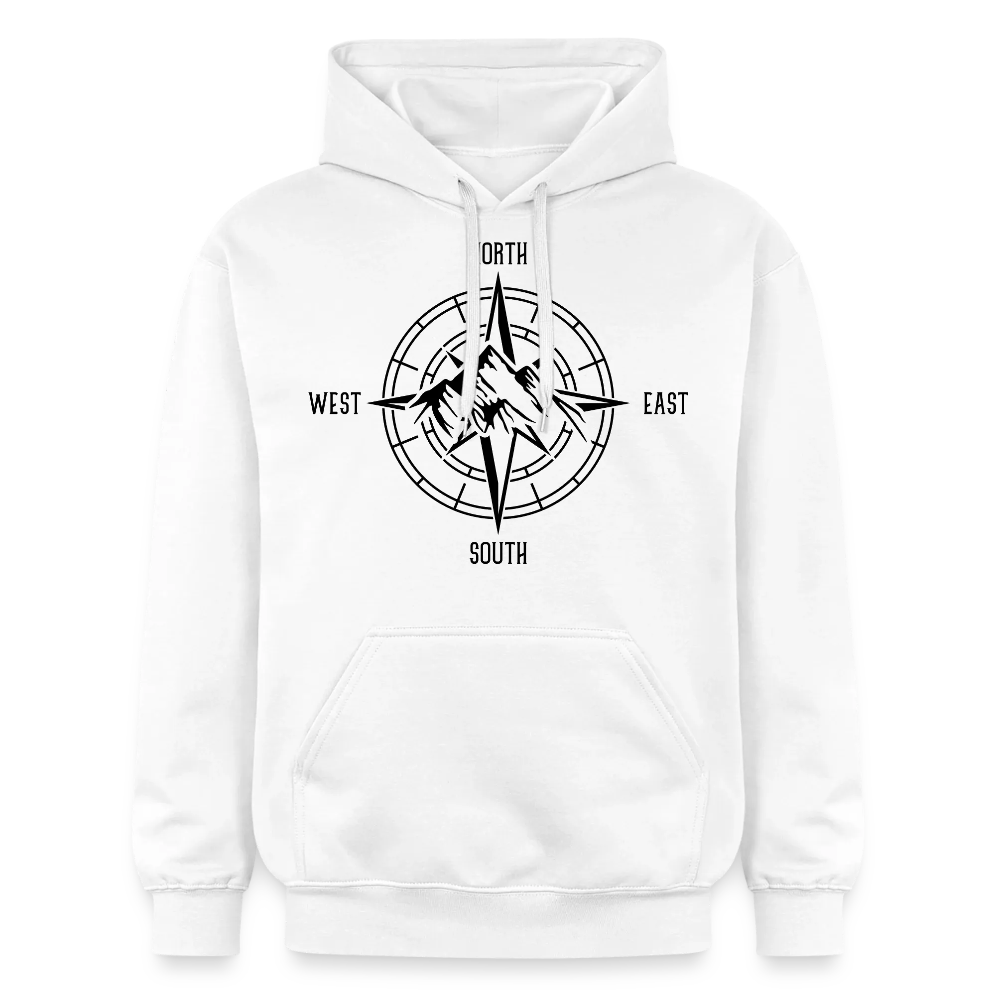 Weißer Hoodie mit einer schwarzen Kompassrose auf der Brust