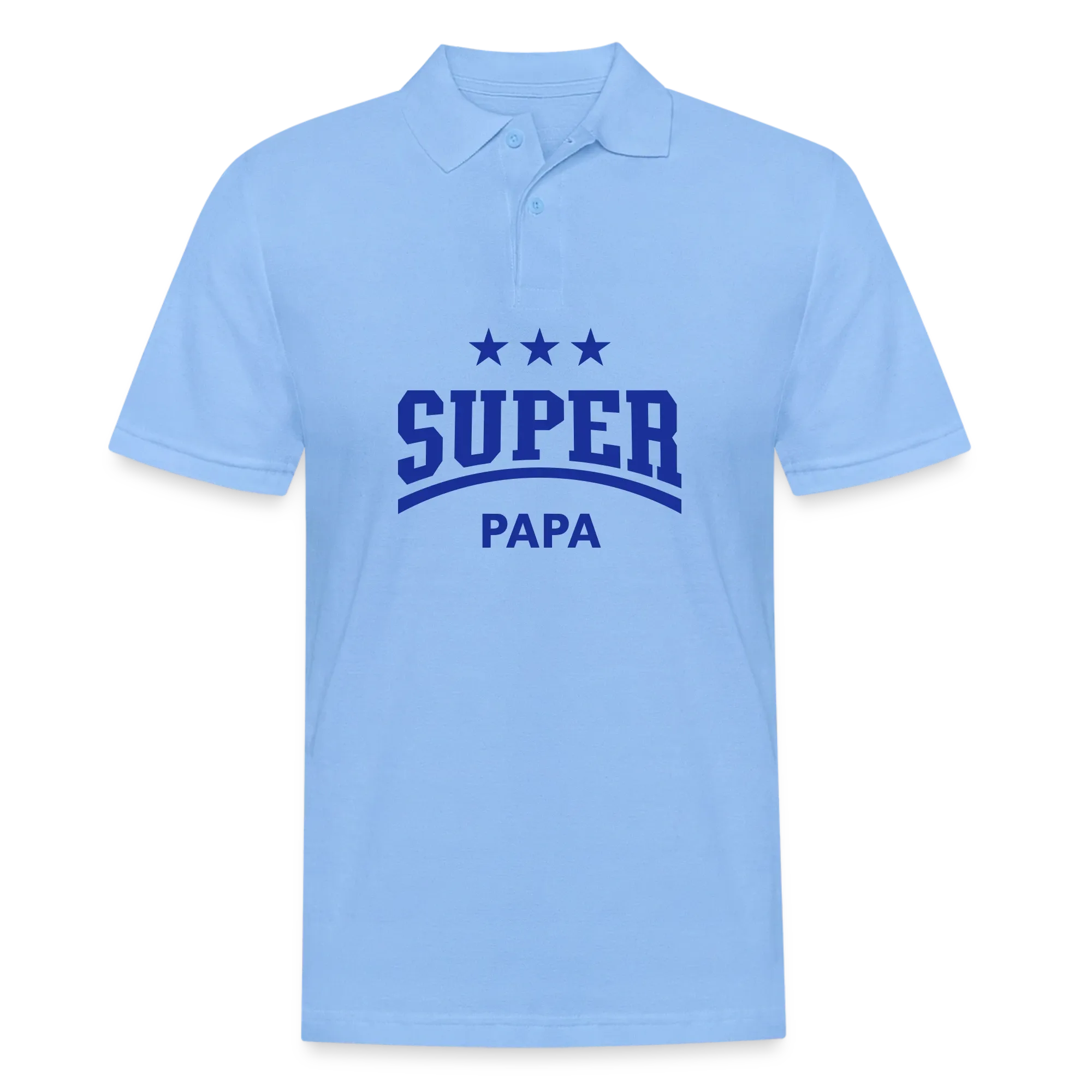 Hellblaues Poloshirt mit dem blauen Aufdruck Super Papa und drei Sternen