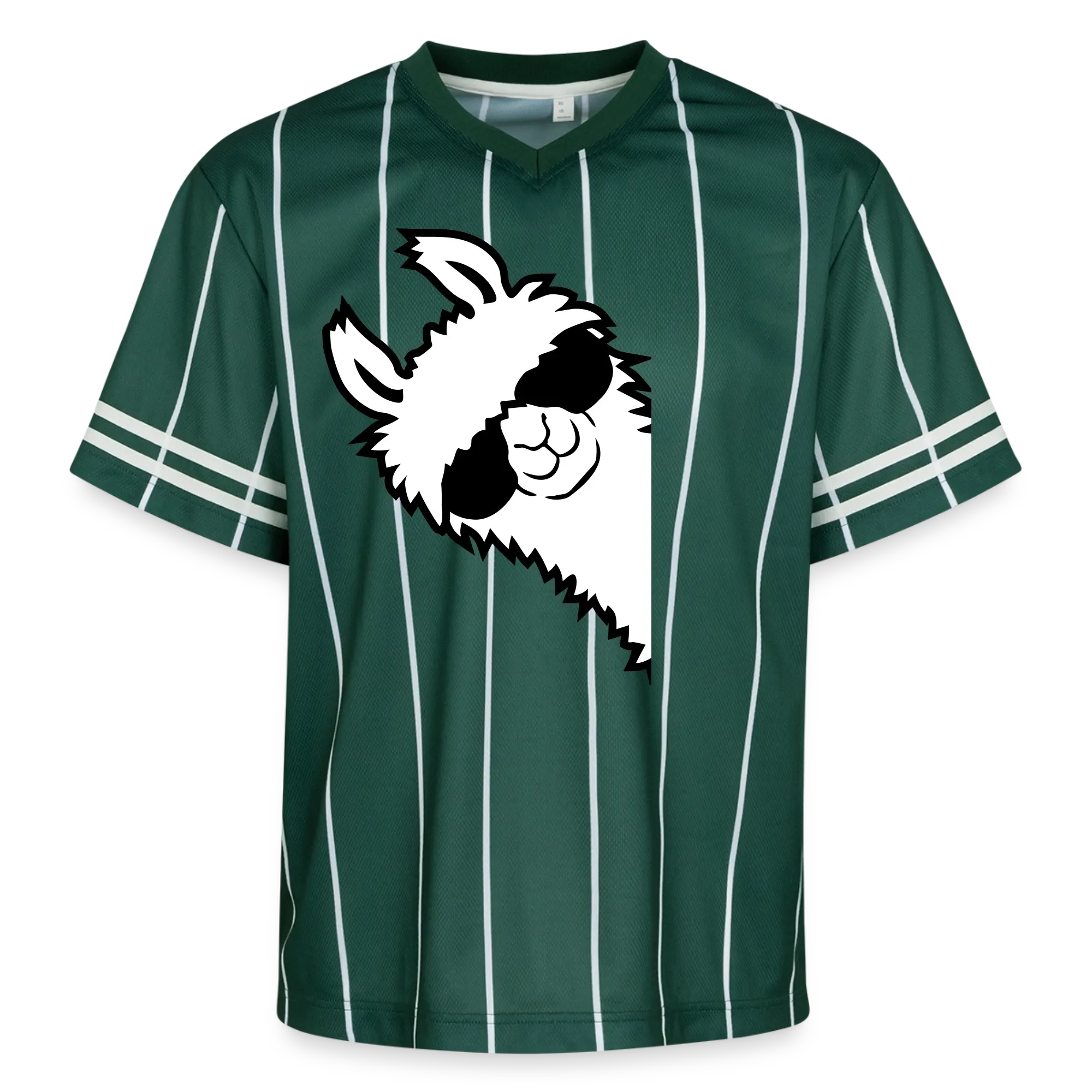 Dunkelgrünes Trikot mit weißen Streifen und einem Lama-Motiv auf der Brust