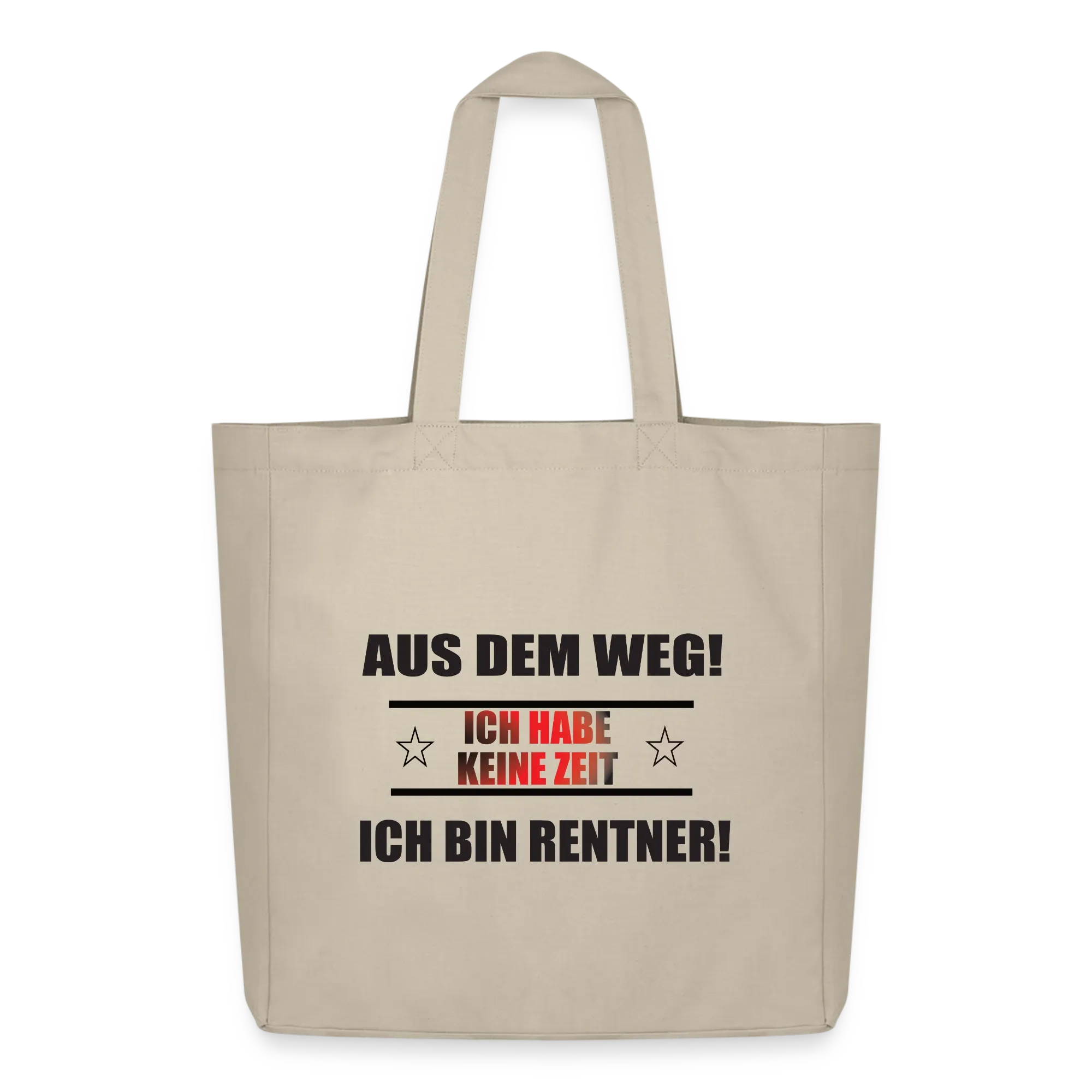 Beiger Stoffbeutel mit einem Spruch-Aufdruck in Schwarz und Rot