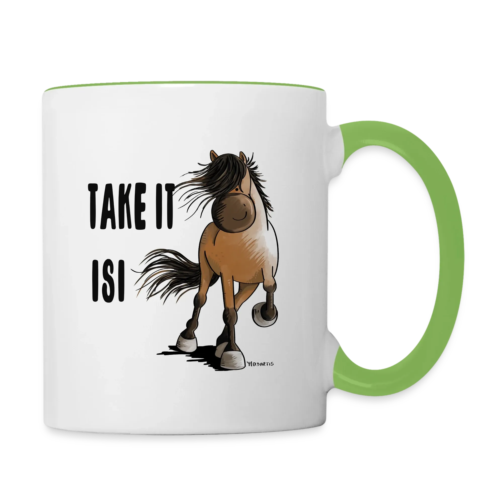 Weiße Tasse mit grünem Henkel und einem Pferde-Motiv